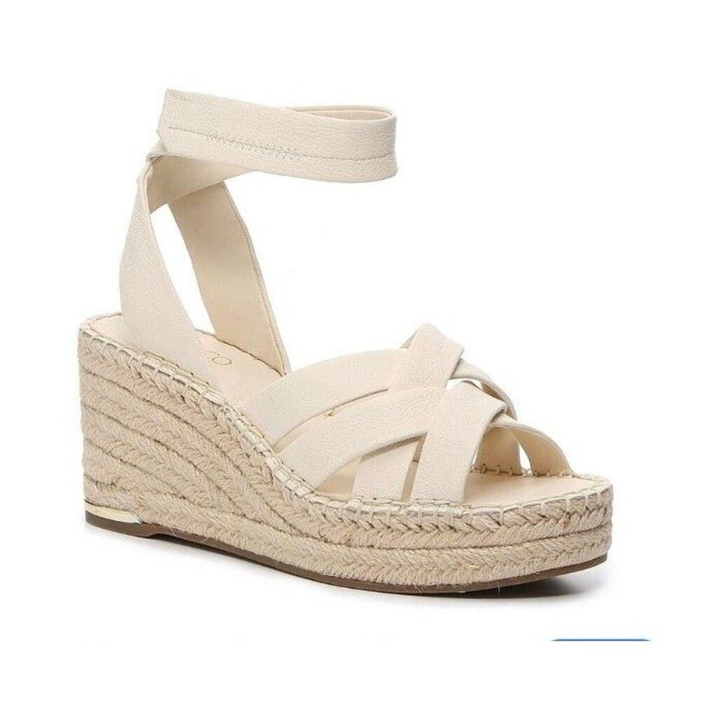 FRANCO SARTO CARMINA ESPADRILLE WEDGE BUCKLE UP SANDAL LEATHER CREAM WOMEN SZ 10